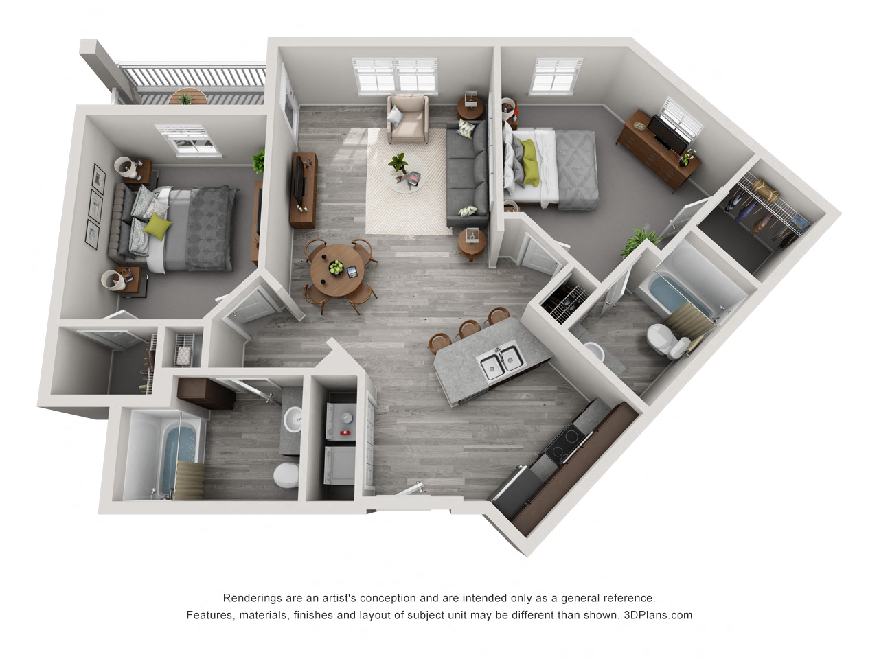 Floor plan for 2 beds, 2 baths, 1051 sqft